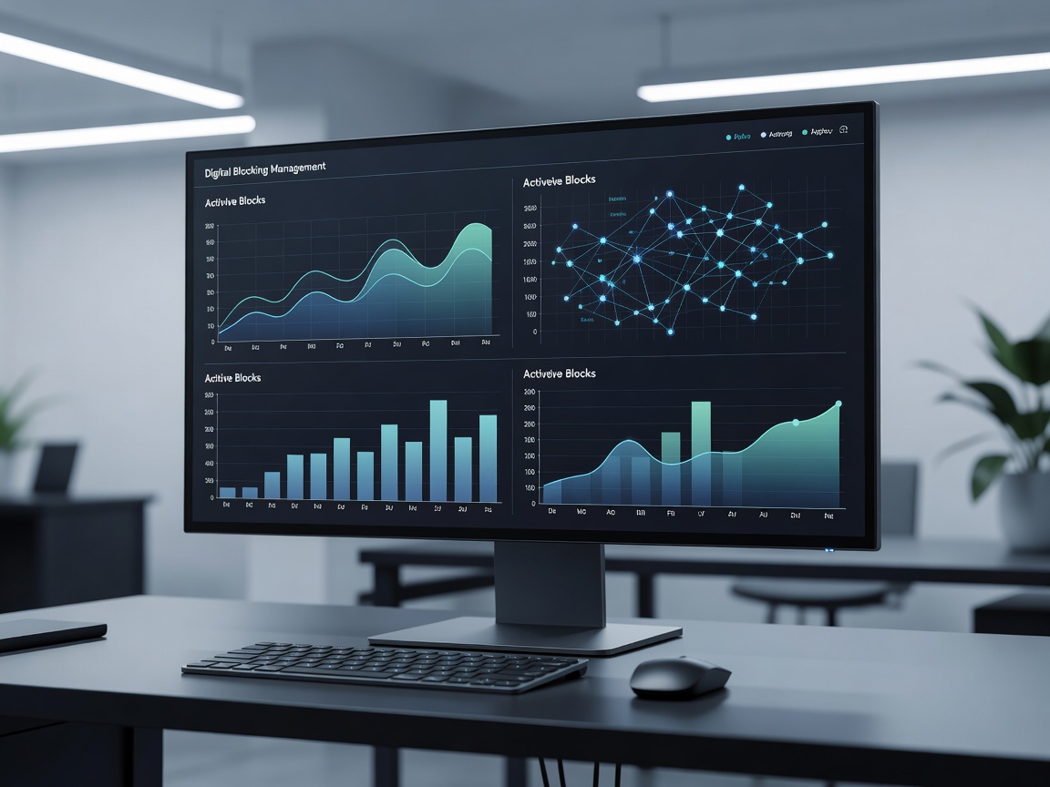 Clean technology workspace showing an analytical software dashboard used for digital blocking management